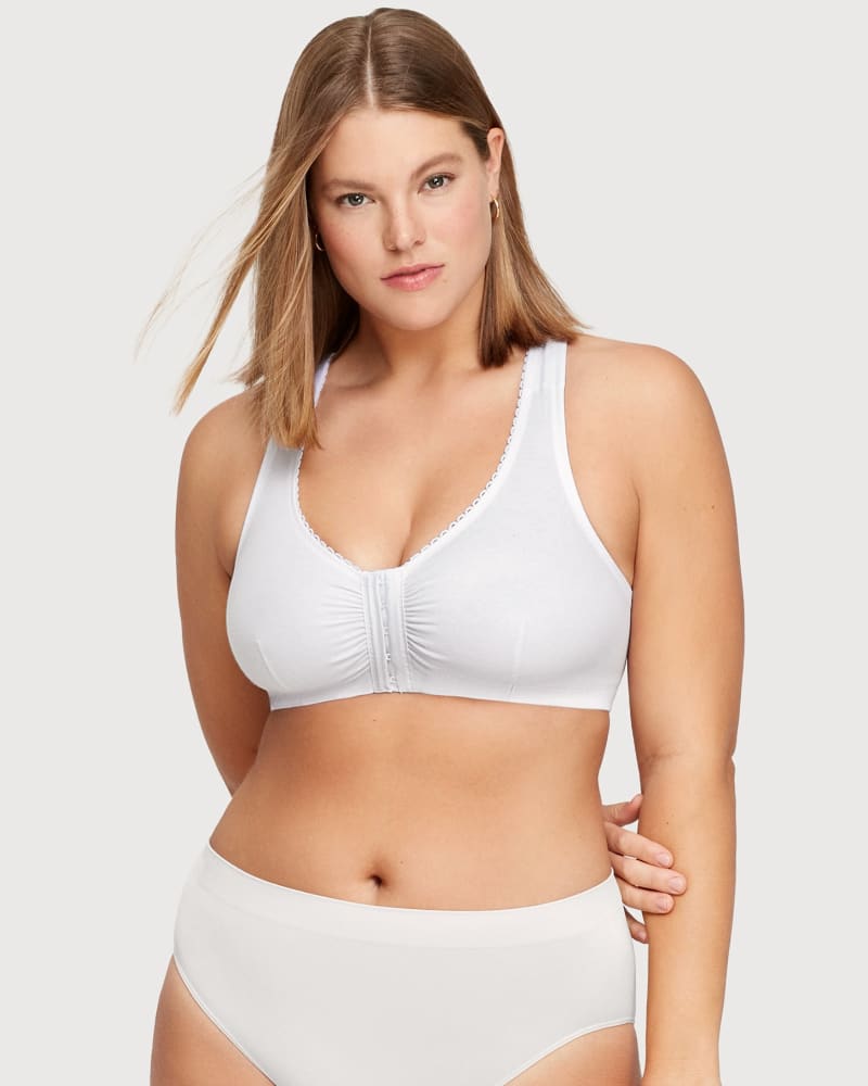 Front of a model wearing a size 40DD/F Front-Closure Cotton T-Back Comfort Bra in White by Glamorise. | dia_product_style_image_id:260695